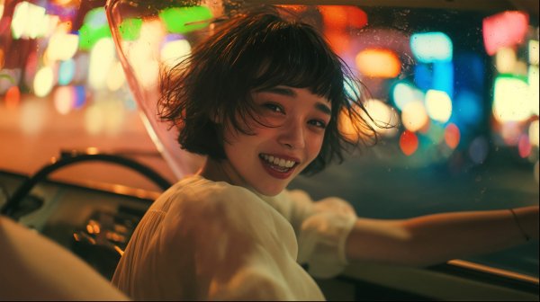 車に乗って笑顔ではしゃぐ若い女性の写真風素材 no.2