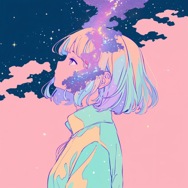 宇宙と雲に包まれたアニメチックな女の子のアートポートレートイラスト no.1