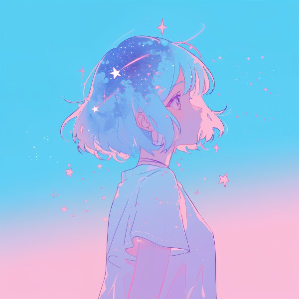 宇宙と雲に包まれたアニメチックな女の子のアートポートレートイラスト no.3