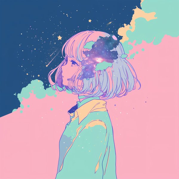 宇宙と雲に包まれたアニメチックな女の子のアートポートレートイラスト no.4