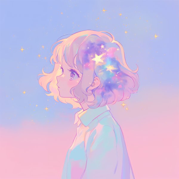 宇宙と雲に包まれたアニメチックな女の子のアートポートレートイラスト no.5