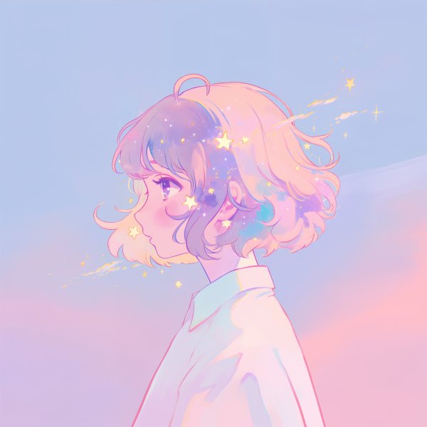 宇宙と雲に包まれたアニメチックな女の子のアートポートレートイラスト no.7