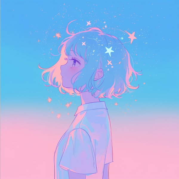 宇宙と雲に包まれたアニメチックな女の子のアートポートレートイラスト no.8