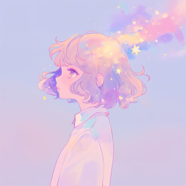 宇宙と雲に包まれたアニメチックな女の子のアートポートレートイラスト no.9