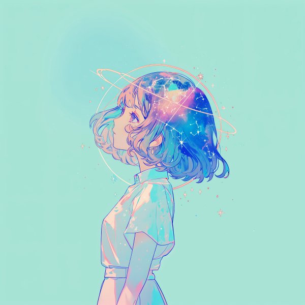 宇宙チックレトロな女の子の横顔ポートレートイラスト no,1