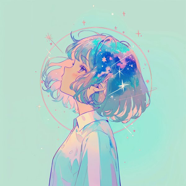 宇宙チックレトロな女の子の横顔ポートレートイラスト no,4