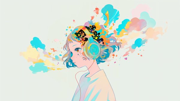 ヘッドホンをするレトロアニメチックな女の子のポートレートイラスト no.4