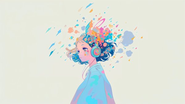 ヘッドホンをするレトロアニメチックな女の子のポートレートイラスト no.5