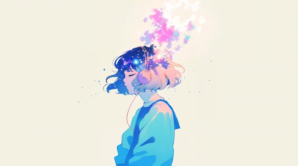 ヘッドホンをするレトロアニメチックな女の子のポートレートイラスト no.6