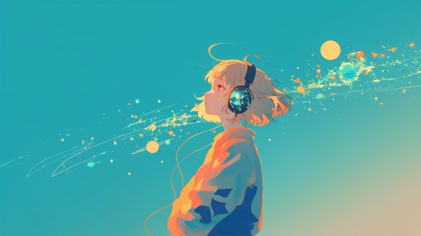 宇宙に包まれながらヘッドホンで音楽を聴いているファンタジックなポートレートイラスト no.1
