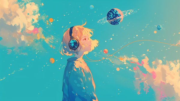 宇宙に包まれながらヘッドホンで音楽を聴いているファンタジックなポートレートイラスト no.2