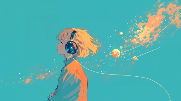 宇宙に包まれながらヘッドホンで音楽を聴いているファンタジックなポートレートイラスト no.3