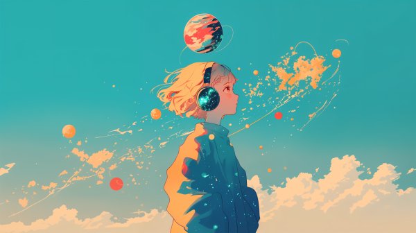 宇宙に包まれながらヘッドホンで音楽を聴いているファンタジックなポートレートイラスト no.4