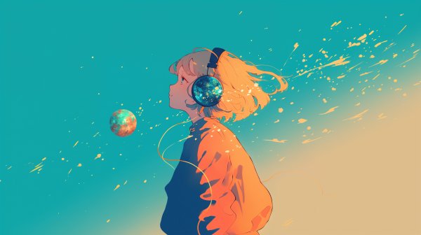 宇宙に包まれながらヘッドホンで音楽を聴いているファンタジックなポートレートイラスト no.5