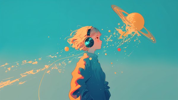 宇宙に包まれながらヘッドホンで音楽を聴いているファンタジックなポートレートイラスト no.6