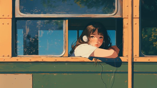 ヘッドホンをして電車の窓から外を見る女の子のイラスト no.1