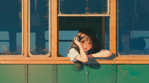 ヘッドホンをして電車の窓から外を見る女の子のイラスト no.2