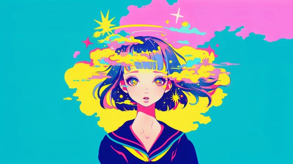 頭にカラフルな雲を纏う少女のコミック風イラスト no.4