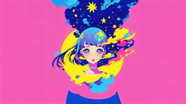 頭にカラフルな雲を纏う少女のコミック風イラスト no.5