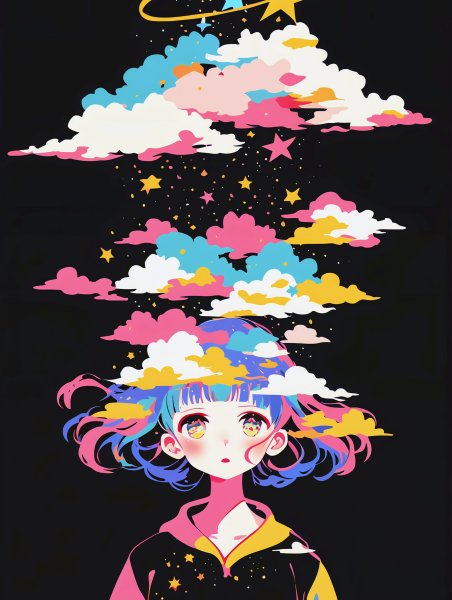 頭の上に雲と夜空が広がるアニメガールのアートポートレートイラスト no.2