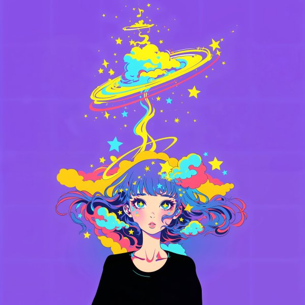頭の上に雲と夜空が広がるアニメガールのアートポートレートイラスト no.6