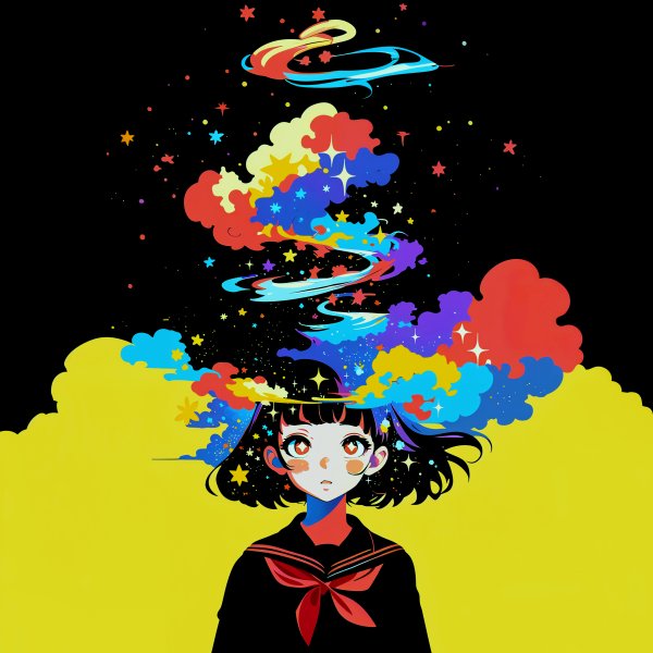 頭の上に雲と夜空が広がるアニメガールのアートポートレートイラスト no.7