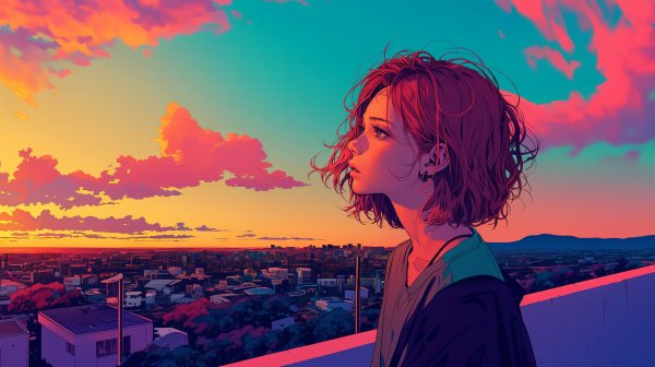 都会の屋上で夕日を眺める女性の横顔 no.1