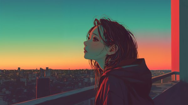 都会の屋上で夕日を眺める女性の横顔 no.2