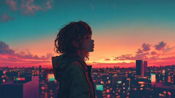 都会の屋上で夕日を眺める女性の横顔 no.3