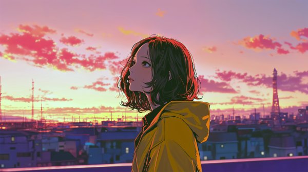 都会の屋上で夕日を眺める女性の横顔 no.4