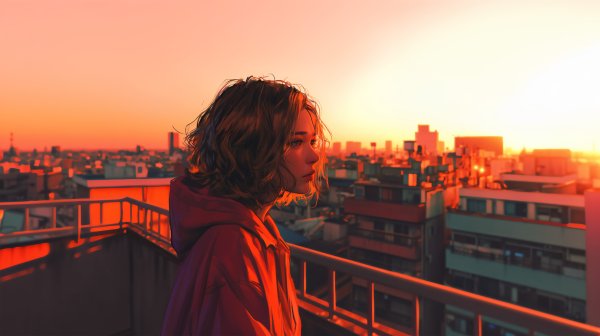 都会の屋上で夕日を眺める女性の横顔 no.5
