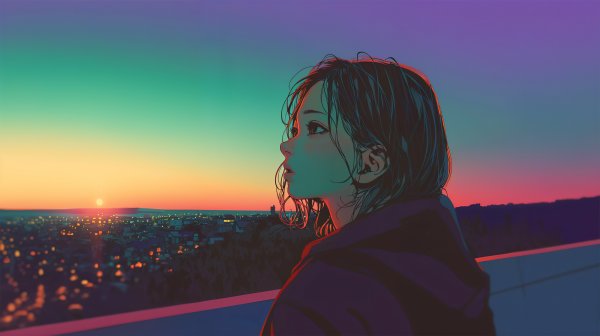 都会の屋上で夕日を眺める女性の横顔 no.6