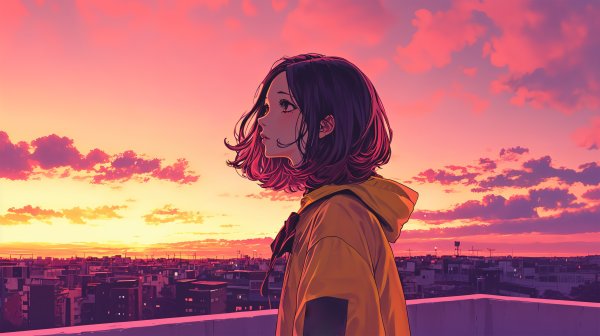 都会の屋上で夕日を眺める女性の横顔 no.7