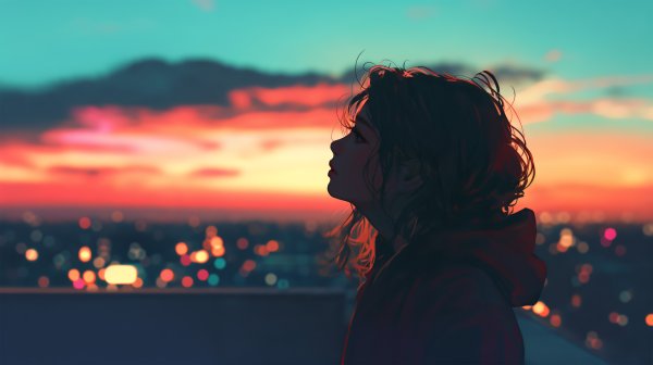 都会の屋上で夕日を眺める女性の横顔 no.8
