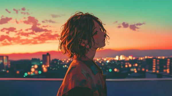 夕日に染まる都会の街を屋上から眺める女性の横顔 no.1