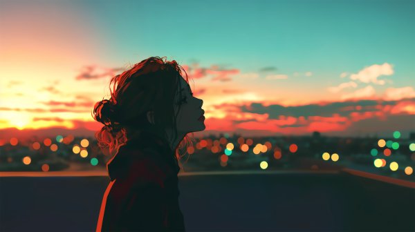 夕日に染まる都会の街を屋上から眺める女性の横顔 no.3
