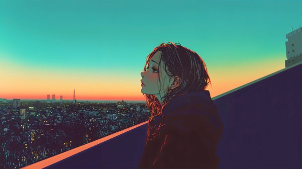 夕日に染まる都会の街を屋上から眺める女性の横顔 no.4