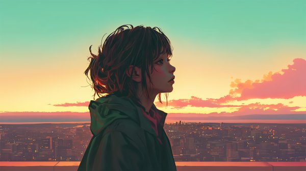 夕日に染まる都会の街を屋上から眺める女性の横顔 no.5
