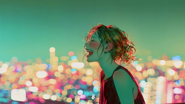 東京の夜景に向かって叫ぶ女の子のイラスト no.1