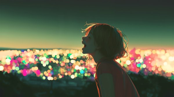 東京の夜景に向かって叫ぶ女の子のイラスト no.3
