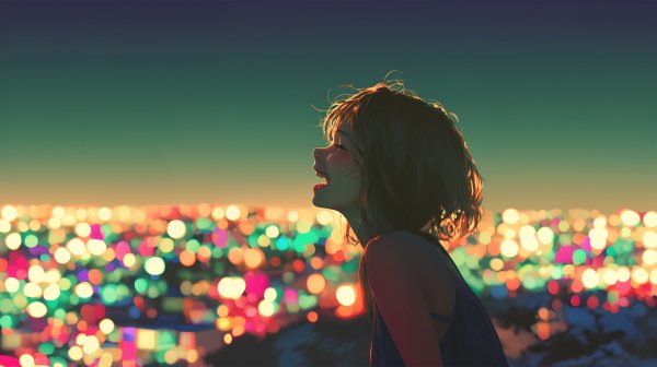 東京の夜景に向かって叫ぶ女の子のイラスト no.4