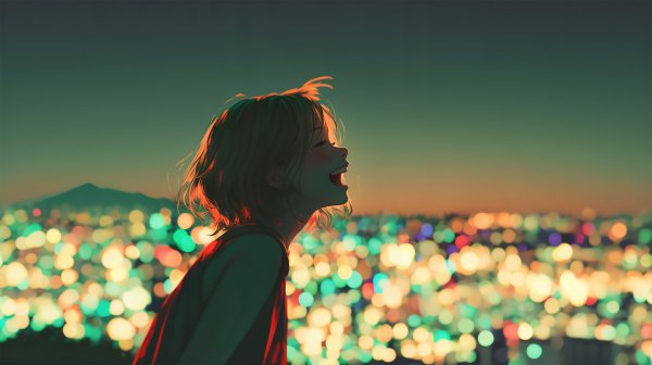 東京の夜景に向かって叫ぶ女の子のイラスト no.5
