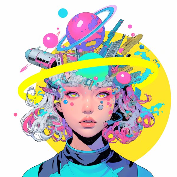 宇宙や都会のモチーフを纏う女性のアニメチックコラージュアート no.2