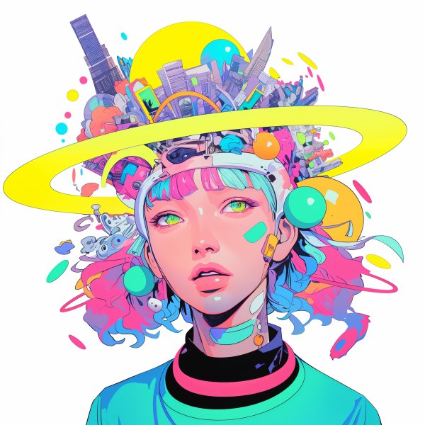 宇宙や都会のモチーフを纏う女性のアニメチックコラージュアート no.3