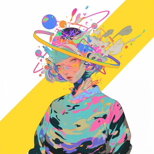 宇宙や都会のモチーフを纏う女性のアニメチックコラージュアート no.4