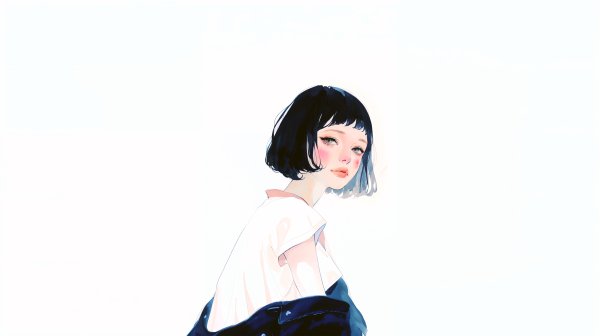 オン眉ボブヘアの女性のモダンな水彩ポートレートイラスト素材 no.1
