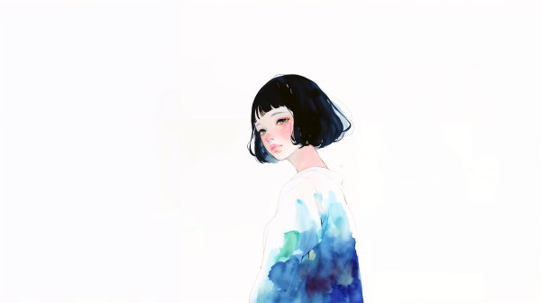 オン眉ボブヘアの女性のモダンな水彩ポートレートイラスト素材 no.3