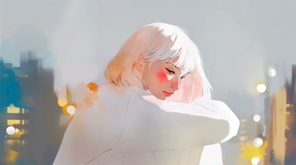 夜の街を歩く女性の淡くノスタルジックな水彩イラスト素材 no.2