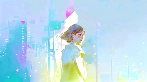 夜の街を歩く女性の淡くノスタルジックな水彩イラスト素材 no.3