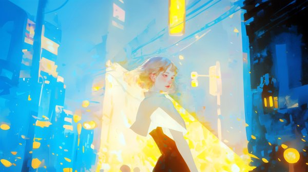 夜の街を歩く女性の淡くノスタルジックな水彩イラスト素材 no.5